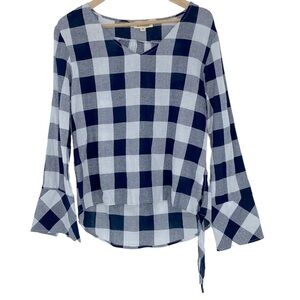 Listicle blue white buffalo check plaid LS top, M